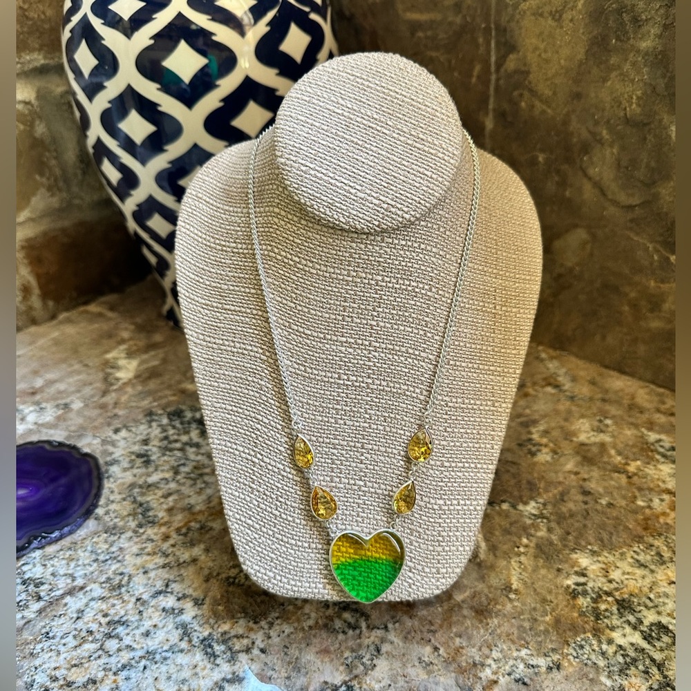 Silver Heart Green Yellow Tourmaline Necklace